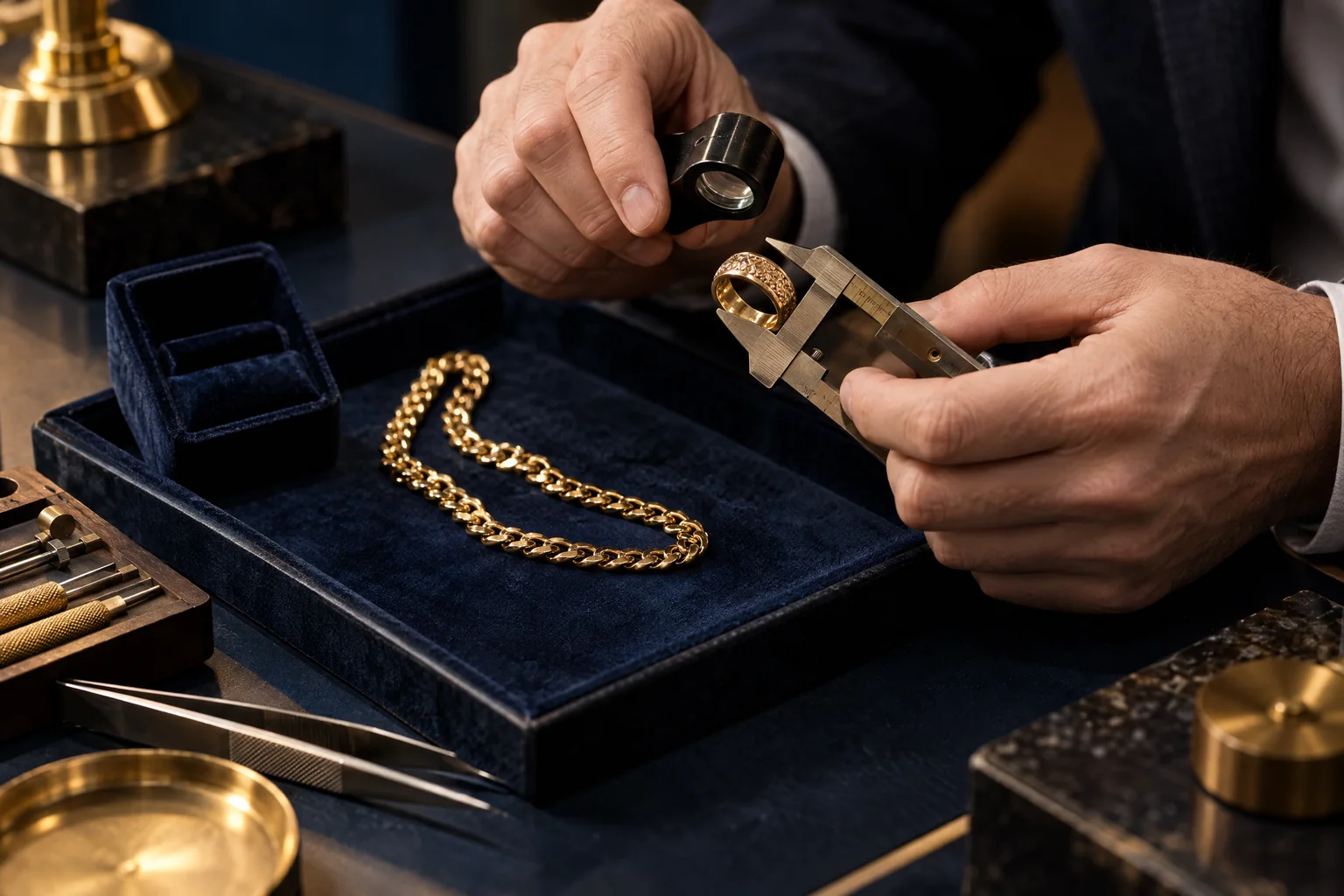 Fachliche Prüfung von Goldring und Kette