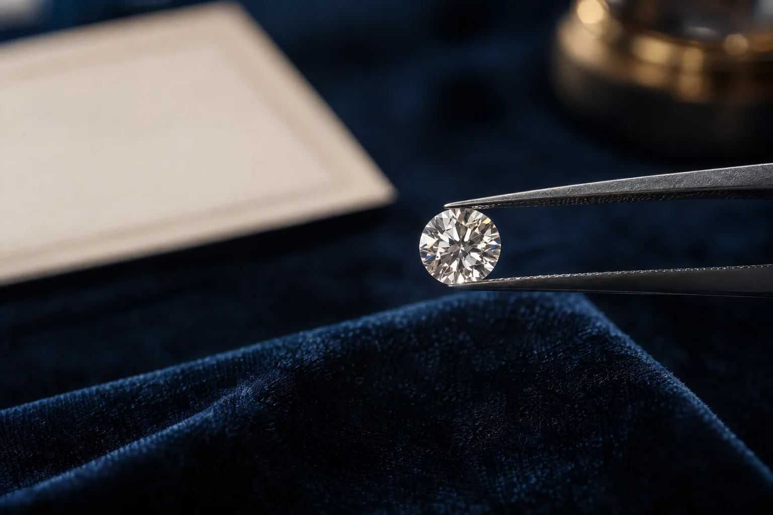 Diamant in einer Pinzette vor einem neutralen Bericht