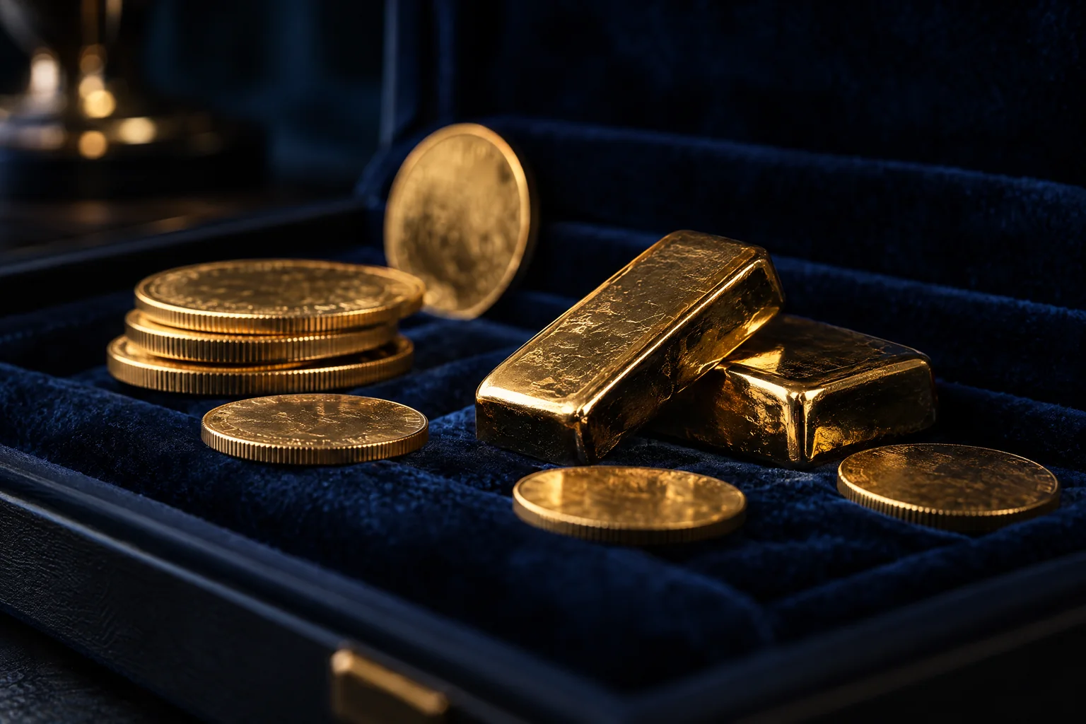Goldmünzen und Barren in einer Samtpräsentation