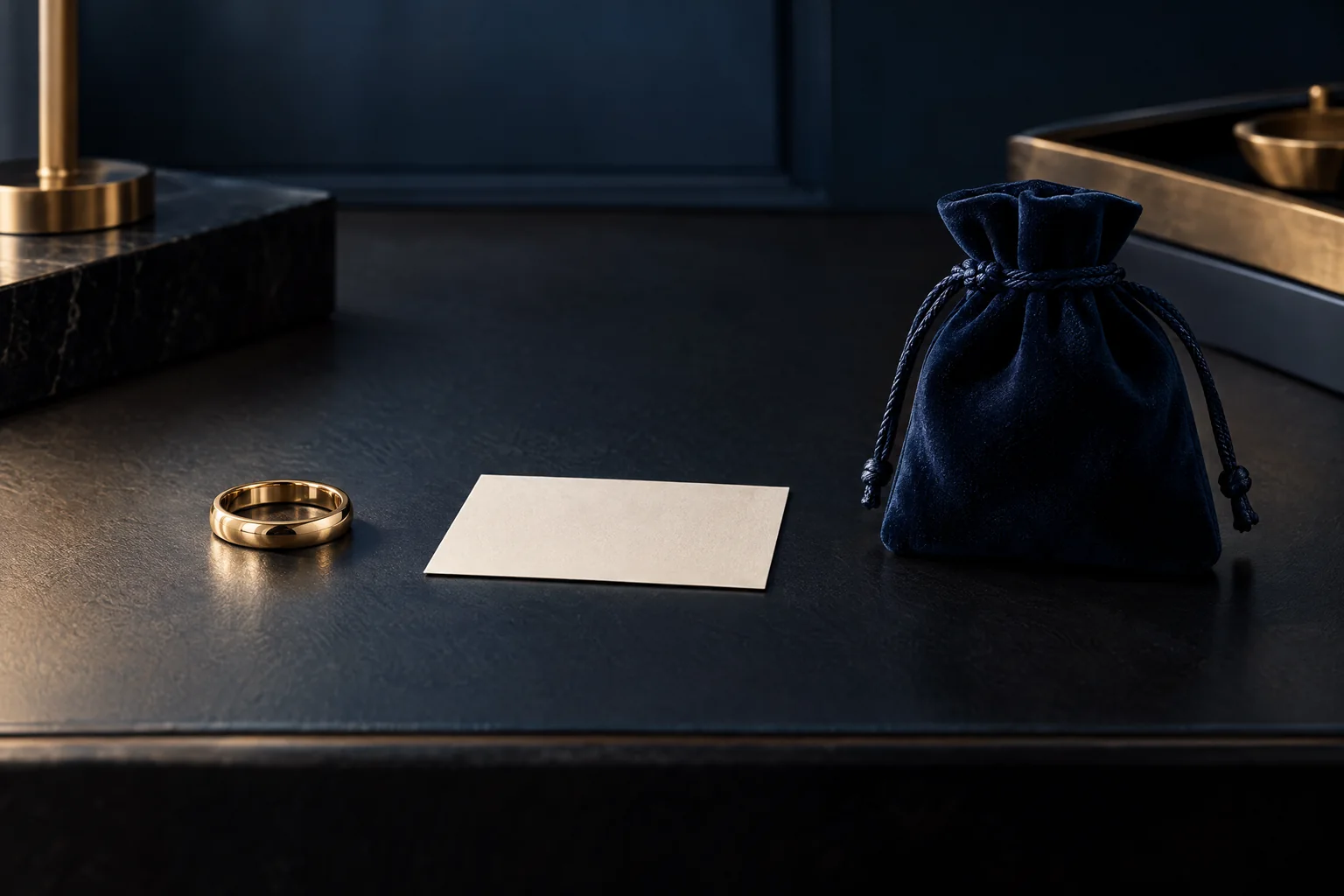 Goldring, Belegkarte und Samtbeutel als klarer Ablauf