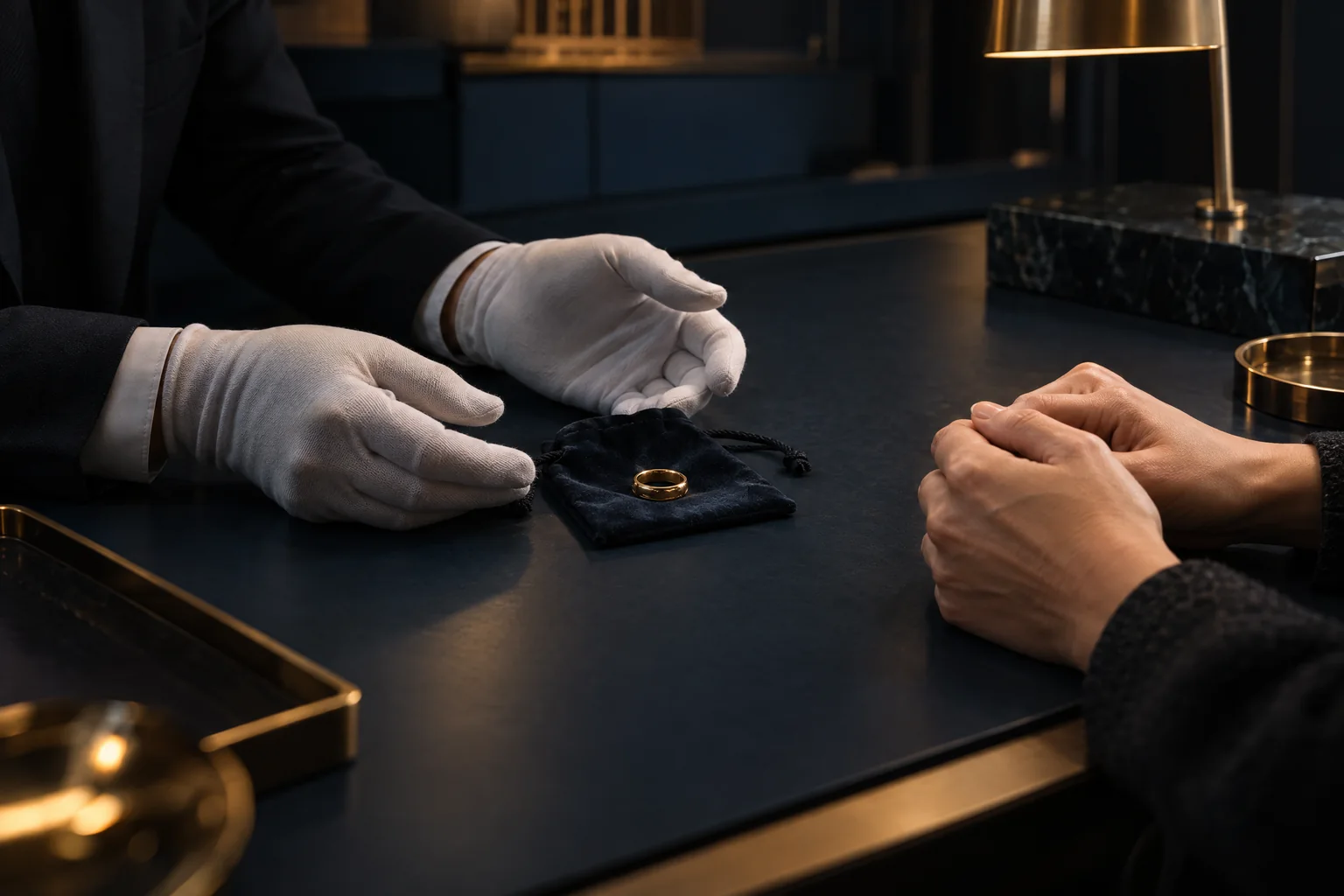 Diskrete Beratung mit einem Ring auf einem Samtbeutel