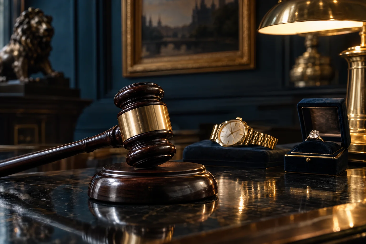 Auktionshammer neben Uhr und Schmuckschatulle