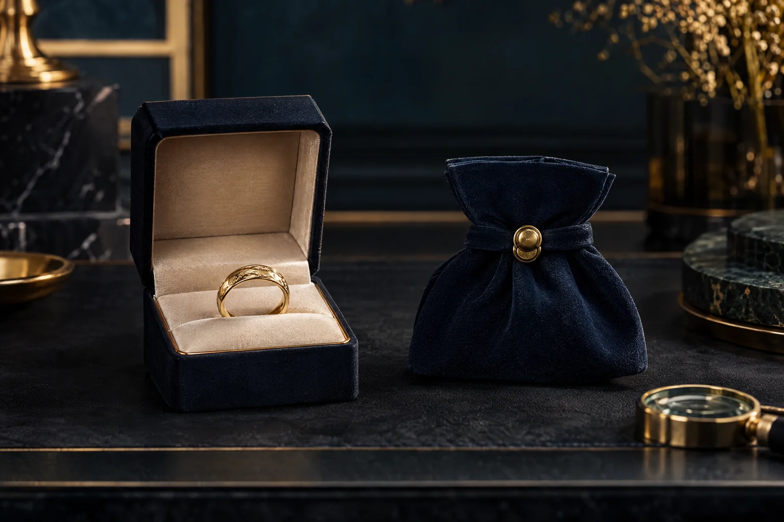 Goldring in Schmuckschatulle neben einer Samttasche