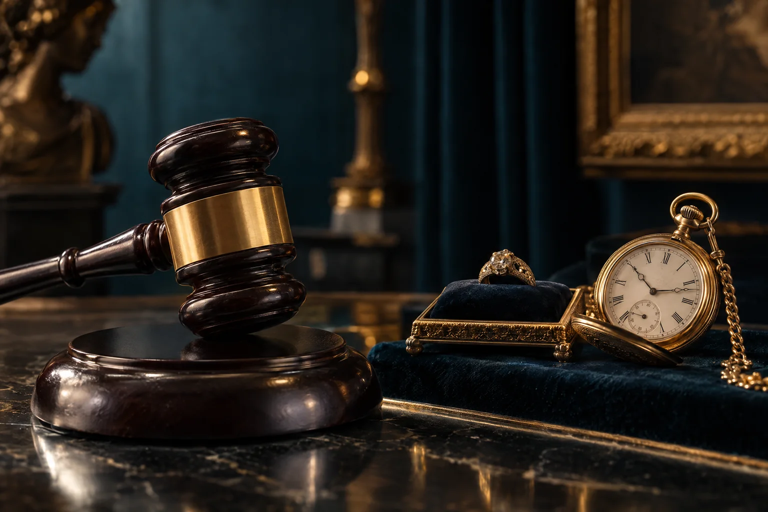 Auktionshammer, Ring und Taschenuhr auf Samt