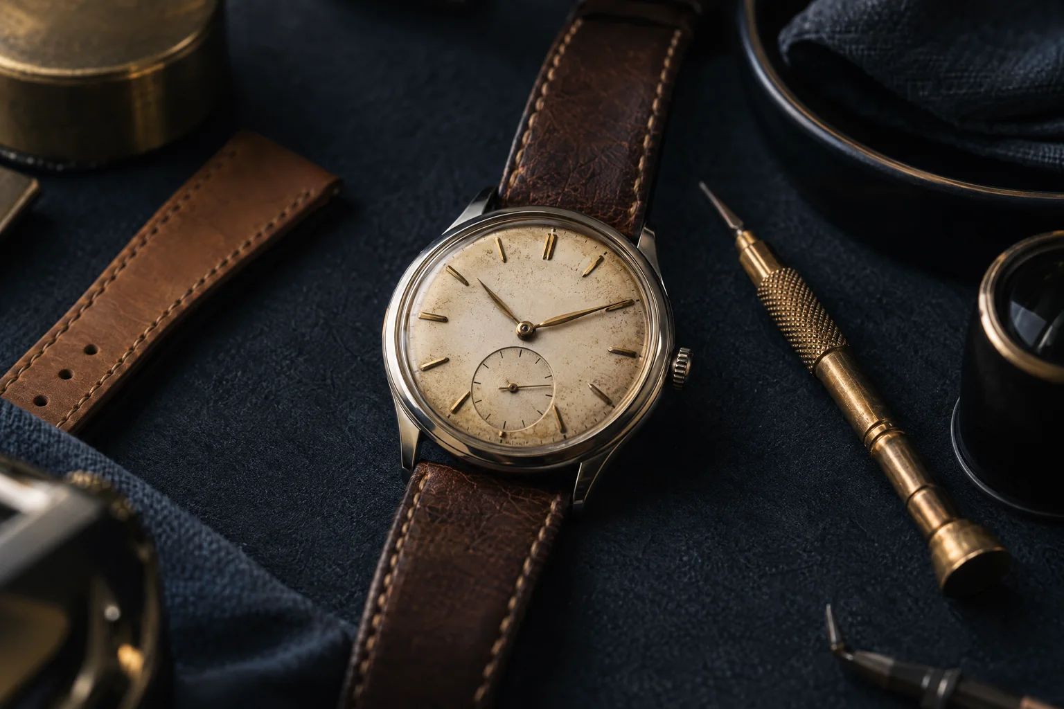 Vintage-Armbanduhr auf einer Uhrmacherunterlage